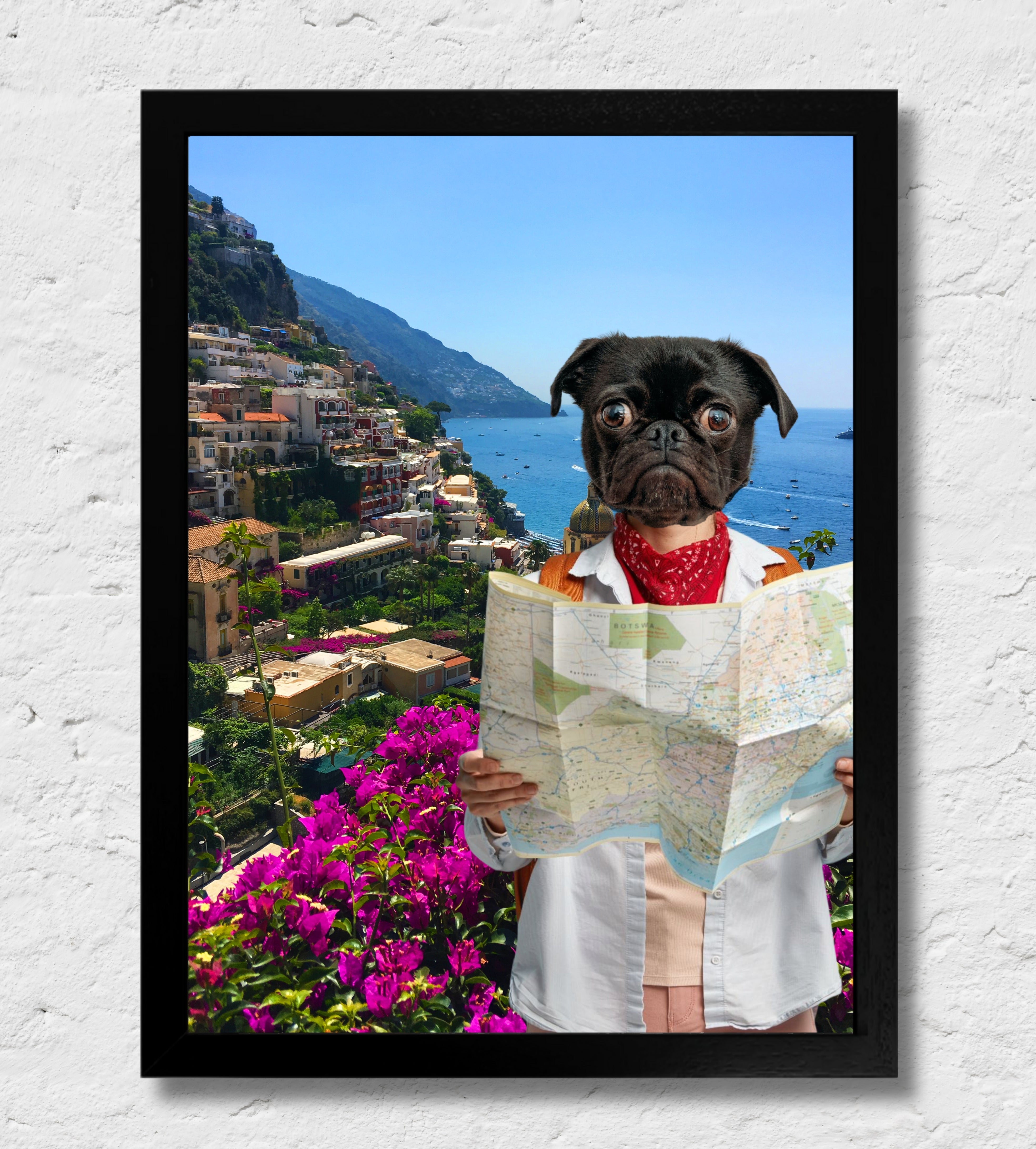 Amalfi | Quadro ritratto del tuo animale da compagnia | Regalo personalizzato perfetto cornice Nera